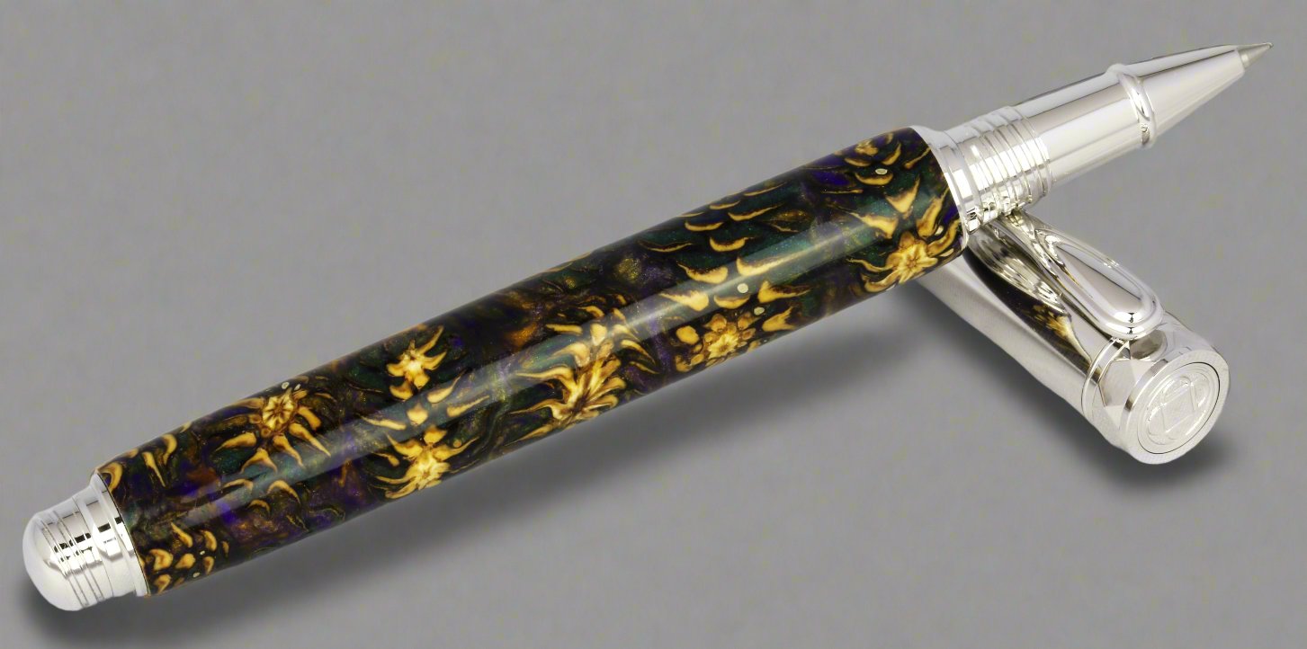 Shows the rollerball multicolor pinecone pen